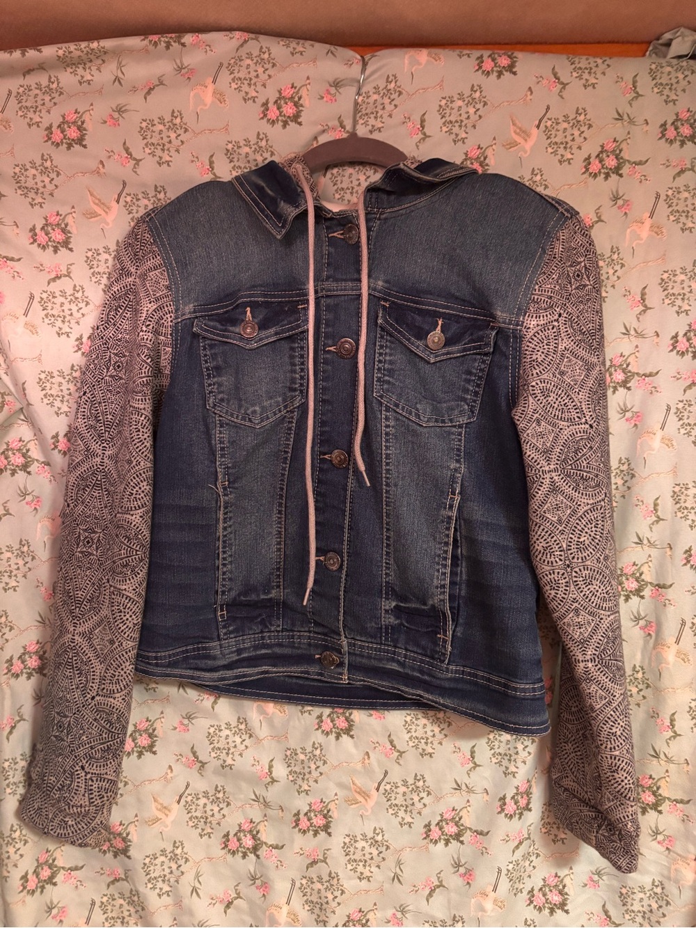 Wallflower Dark Blue Denim Jacket with Patterned Gray Knit Sleeves